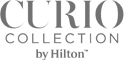 The image shows the logo for "Curio Collection by Hilton," featuring the brand name in stylized text.