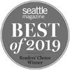 A gray circular badge reads: "Seattle Magazine Best of 2019, Readers' Choice Winner."