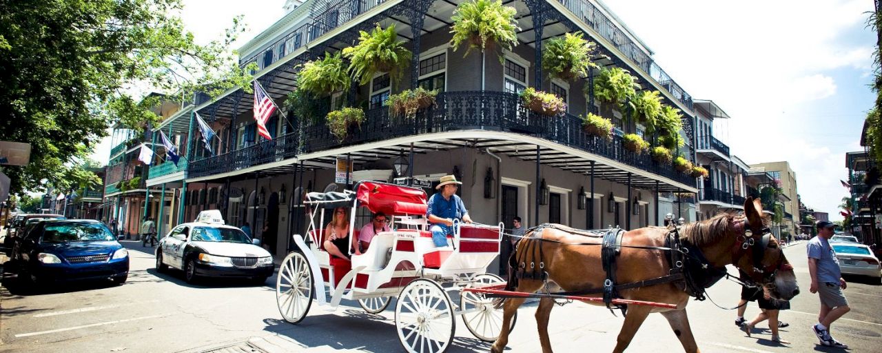 A historic building with a balcony and potted plants, flags, and a horse-drawn carriage in front.
