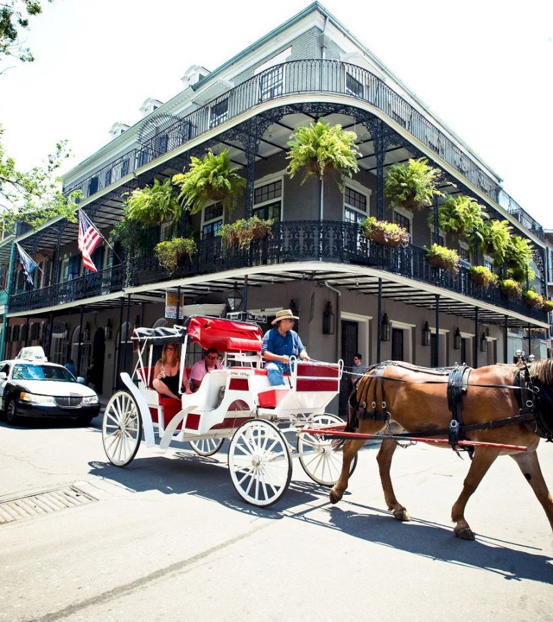 A historic building with a balcony and potted plants, with a horse-drawn carriage in front.