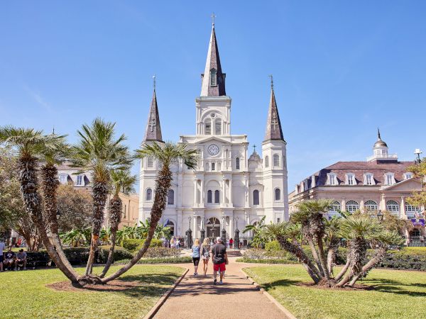 The image shows a historic cathedral with three spires, surrounded by palm trees and people walking through a lush green garden path.